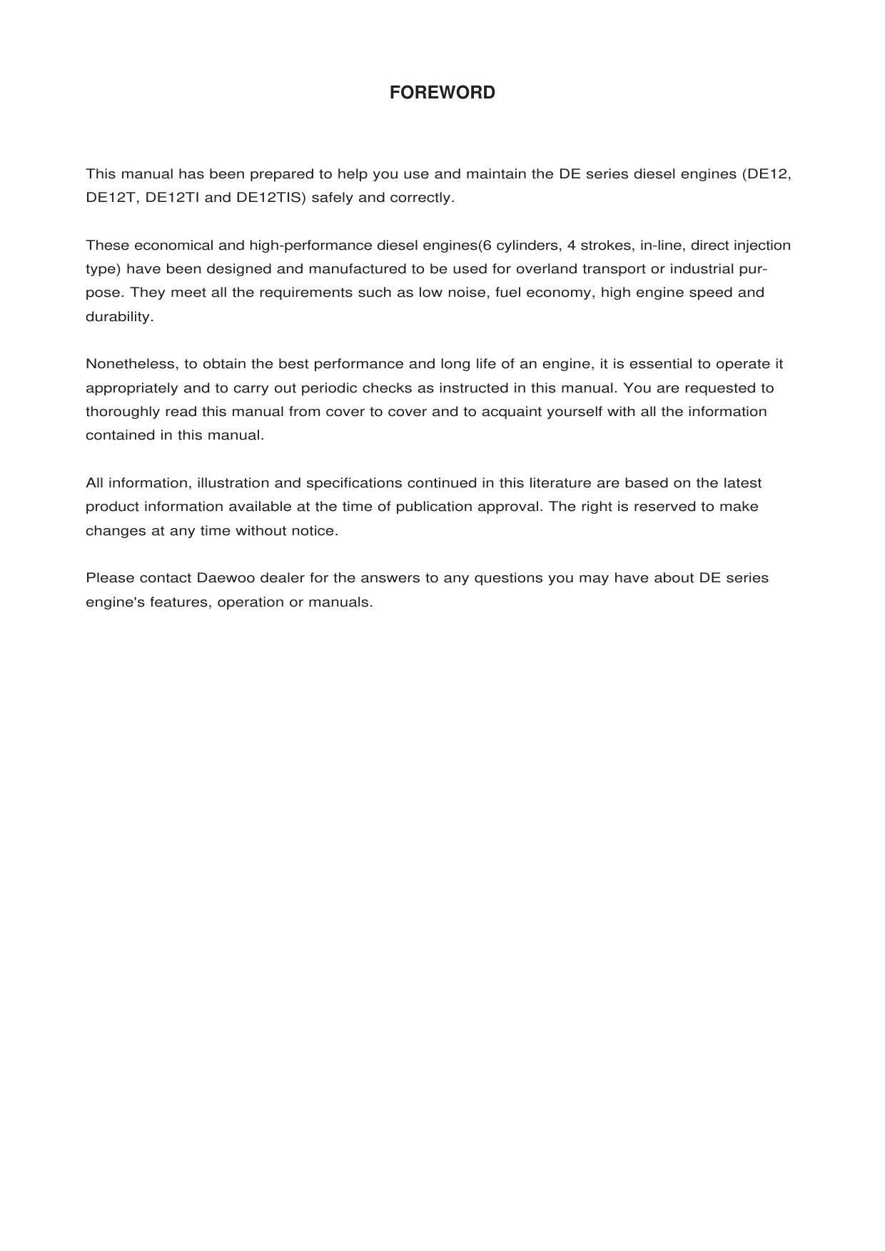 DE12 DE12T DE12TI  DE12TIS Engine Service Manual Daewoo Doosan